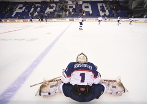 POPRAD, SLOVAKIA - APRIL 13: Slovakia's Jakub Kostelny #1 stretches during warm up prior to preliminary round action against Finland at the 2017 IIHF Ice Hockey U18 World Championship. (Photo by Andrea Cardin/HHOF-IIHF Images)