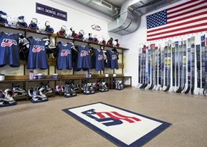 SPISSKA NOVA VES, SLOVAKIA - APRIL 15: Team USA dressing room prepared for player arrival prior to preliminary round action against Russia at the 2017 IIHF Ice Hockey U18 World Championship. (Photo by Steve Kingsman/HHOF-IIHF Images)

