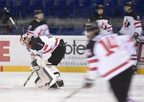 POPRAD, SLOVAKIA - APRIL 15: Canada's Ian Scott #1 warms up prior to preliminary round action against Slovakia at the 2017 IIHF Ice Hockey U18 World Championship. (Photo by Andrea Cardin/HHOF-IIHF Images)

