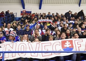 POPRAD, SLOVAKIA - APRIL 18: Team Slovakia fans hold up a banner during preliminary round action against Switzerland at the 2017 IIHF Ice Hockey U18 World Championship. (Photo by Andrea Cardin/HHOF-IIHF Images)

